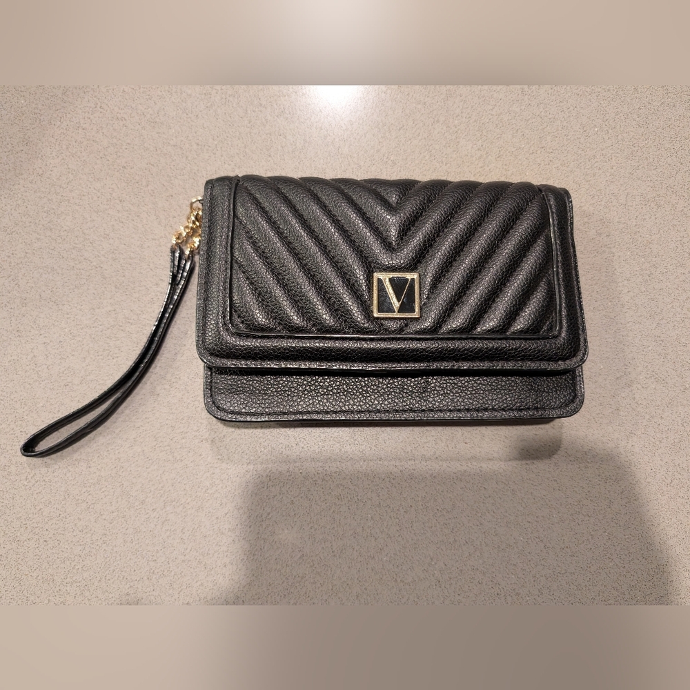 Victoria's Secret Black V Quilt Wristlet Wallet With Snap Closure